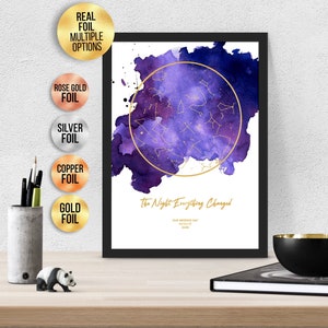 Gepersonaliseerd De nacht alles veranderde FOLIE STAR MAP, Aquarel effect Astrologie cadeau - Star Chart print, Goud / Zilver / Rose goud / koper