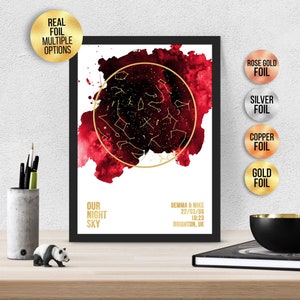 Personalisiertes Nachthimmel Paar FOIL STAR MAP, Aquarell Effekt Astrologie Geschenk - Sternkarte Print,Gold/Silber/Rosegold/Kupfer