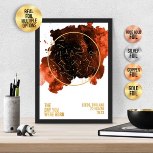 Personalised The day you were born birthday FOIL STAR MAP, Watercolour effect Astrology gift - Star Chart print,Gold/Silver/Rose gold/copper