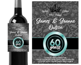 Personalised 60th Diamond Wedding Anniversary wine bottle label-Ideal Celebration/Anniversary/Birthday/gift personalized bottle label