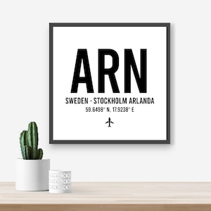 Personalised Sweden Stockholm Airport code print - Any Airport/Location, Aviation gift, Travel decor, Framed and unframed options.