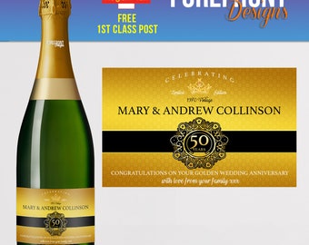 Personalised Golden Wedding Anniversary champagne bottle label gift-Ideal 10/25/30/40 year Anniversary/Birthday/Wedding personalized