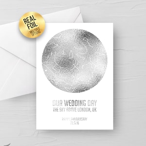 Personnalisé Notre jour de mariage FOIL carte des étoiles / constellation ciel nocturne carte de vœux / anniversaire, fiançailles, couple, lui sa carte spéciale