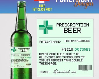 Personalised Prescription BEER/LAGER spoof bottle label (4 pack) -Ideal Celebration/Anniversary/Birthday/Wedding gift personalized bottle