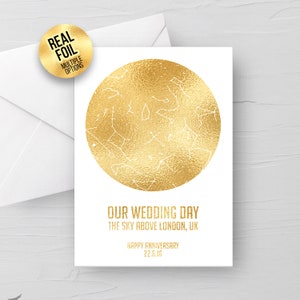 Personnalisé Notre jour de mariage FOIL carte des étoiles / constellation ciel nocturne carte de vœux / anniversaire, fiançailles, couple, lui sa carte spéciale