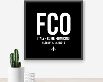 Impresión personalizada del código del aeropuerto de Roma: cualquier aeropuerto / ubicación, regalo de aviación, decoración de viaje, opciones enmarcadas y sin marco.