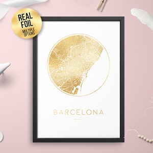 Barcelona Spanien FOLIE Stadtplan Poster Kunst -Home Dekor/Wandbild/Bürodruck/Gold/Silber/Roségold/Kupfer/Echtfolie