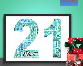 May include: A blue and green word cloud in the shape of the number 21. The word cloud includes the words "Happy Birthday", "Brother", "Student", "Shopping", "Festivals", "Whiskey", "Blue", and "21 Years Old". The word cloud is framed in black and set against a white background.