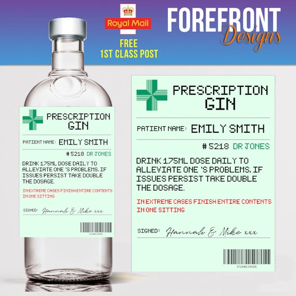 Personalised Prescription GIN spoof bottle label-Ideal Celebration/Anniversary/Birthday/Wedding gift personalized bottle label