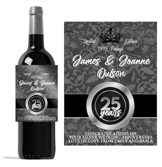 Etichetta personalizzata della bottiglia di vino del 25 anniversario di  nozze d'argento Celebrazione ideale / Anniversario / Compleanno / regalo  etichetta di bottiglia personalizzata -  Italia