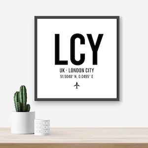 Personalised London City Airport code print - Any Airport/Location, Aviation gift, Travel decor, Framed and unframed options. Custom