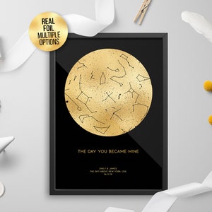 Personalisierte FOLIE STERNENKARTE, Sternbild Nachthimmel Karte - Sternenkarte, Astrologie, Himmlischer Foliendruck, Gold/Silber/Roségold/Kupfer