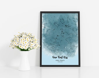 Personalised FIRST KISS custom star map/constellation night sky map - Fantastic Engagement/wedding/valentine's gift - Night sky