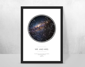 May include: A black and white print featuring a circular image of a night sky with stars and constellations. The text "MR. AND MRS. THE NIGHT SKY ON THE NIGHT WE MARRIED JACKSON AND MICHAEL 22.3.19 ESSEX UK" is printed below the image.