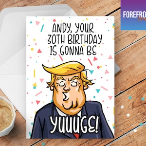 Spersonalizowana, zabawna, żartobliwa/parodiująca kartka z życzeniami z okazji urodzin Donalda Trumpa „YUUGEE Birthday”, na każdą okazję: urodziny/ślub/ukończenie szkoły/dzień matki/ojciec