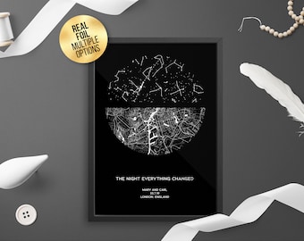 Gepersonaliseerde custom folie dual stadsplattegrond, sterrenkaart, bruiloft, verlovingscadeau - eerste verjaardag, uniek geschenk goud / zilver / rose goud / koper