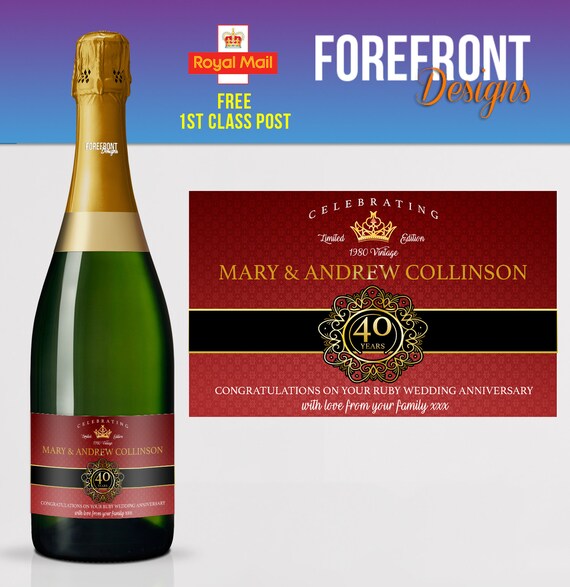 Personalisiertes Ruby Wedding Anniversary Champagner Flaschenetikett  Geschenk-Ideal 10/25/30/40 Jahre Jubiläum/Geburtstag/Hochzeit personalisiert  - .de