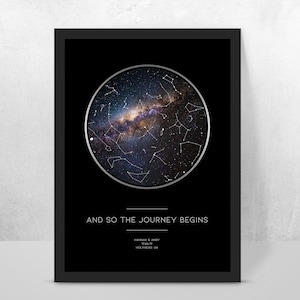 Personalisierte JOURNEY BEGINS individuelle Sternenkarte/Konstellationskarte des Nachthimmels - Fantastische Verlobung/Hochzeit/Valentinsgeschenk - Nachthimmel