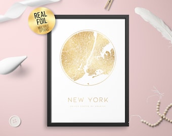 Gepersonaliseerde Aangepaste New York USA FOLIE CITY Map Poster Art-Home decor / Wallart / Office print / Goud / Zilver / Rose Gold / Koper / Real folie