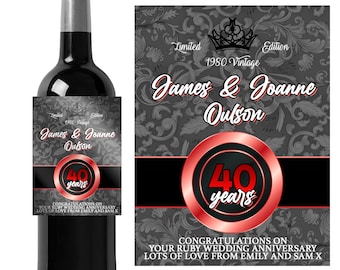 Personalised 40th Ruby Wedding Anniversary wine bottle label-Ideal Celebration/Anniversary/Birthday/gift personalized bottle label