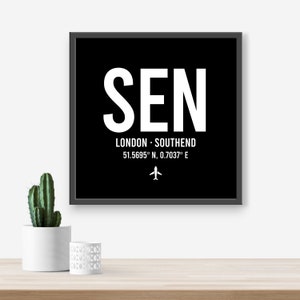 Personalised Southend London Airport code print - Any Airport/Location, Aviation gift, Travel decor, Framed and unframed options. Custom