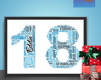 May include: A blue and white word cloud in the shape of the number 18. The word cloud includes the words "Happy Birthday", "Student", "Shopping", "University", "Brother", "18 Years Old", "Festivals", "Whiskey", "Jager", "Blue", "Banter", and "Eddie".