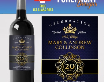 Personalised 20th Wedding Anniversary wine bottle label gift -Ideal Celebration/Anniversary/Birthday/Wedding gift personalized bottle label