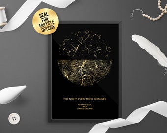 Gepersonaliseerde custom folie dual stadsplattegrond, sterrenkaart, bruiloft, verlovingscadeau - eerste verjaardag, uniek geschenk goud / zilver / rose goud / koper