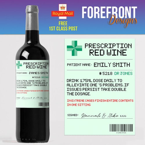 Personalised Prescription RED WINE spoof bottle label-Ideal Celebration/Anniversary/Birthday/Wedding gift personalized bottle label