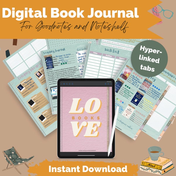 Digital Book Journal, PDF Reading Log for Goodnotes and Notability Reading Journal for iPad and Android, Digital Download Journal for Books.