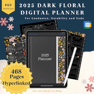 Pode incluir: Um planejador digital para 2025 com um design floral escuro. O planejador é mostrado na tela de um tablet com uma caneta digital ao lado. O planejador tem 468 páginas e é hiperligado. O planejador é compatível com Goodnotes, Notability e Xodo.