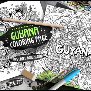 GUYANA Digital Coloring Page/ Latino Adult Coloring/ Latin American Country Doodle Illustration/ Guyanese Printable Coloring Sheet/ PDF