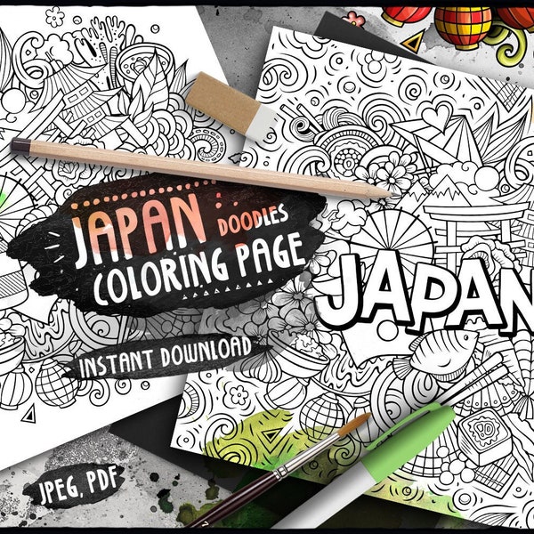 JAPAN Digital Coloring Page/ Japanese Adult Coloring/ Around the World Doodles/ Country Doodle Illustration/ Printable Coloring Sheet