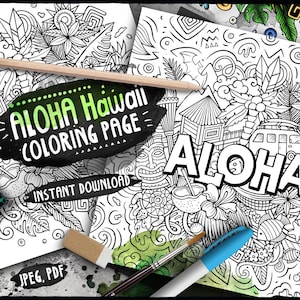 ALOHA Hawaii Ausmalbilder / Hawaiianische Doodle Illustration / Tropical Island Malseite / Ausmalbilder / Malseiten / Malvorlagen / Ausmalbilder