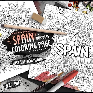 SPAIN Digital Coloring Page/ Spanish Adult Coloring/ Around the World Doodles/ Country Doodle Illustration/ Printable Coloring Sheet/ PDF