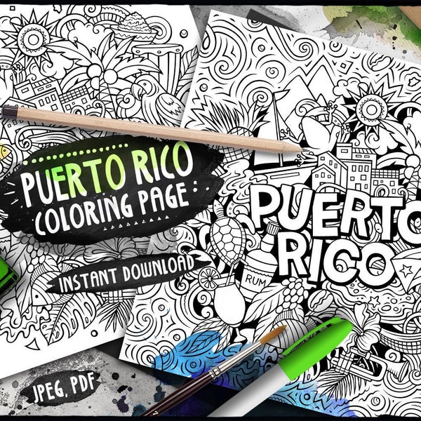 PUERTO RICO Digital Coloring Page, Puerto-Rican Cartoon Doodle Adult Funny Coloring Sheets, Caribbean Island Printable PDF, Instant Download