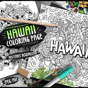 HAWAII Digital Coloring Page/ Hawaiian Doodle Illustration/ American Island Adult Coloring/ Around the World Doodles/ Aloha Printable Sheets
