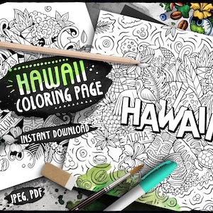 HAWAII Digital Coloring Page/ Hawaiian Doodle Illustration/ American Island Adult Coloring/ Around the World Doodles/ Aloha Printable Sheets