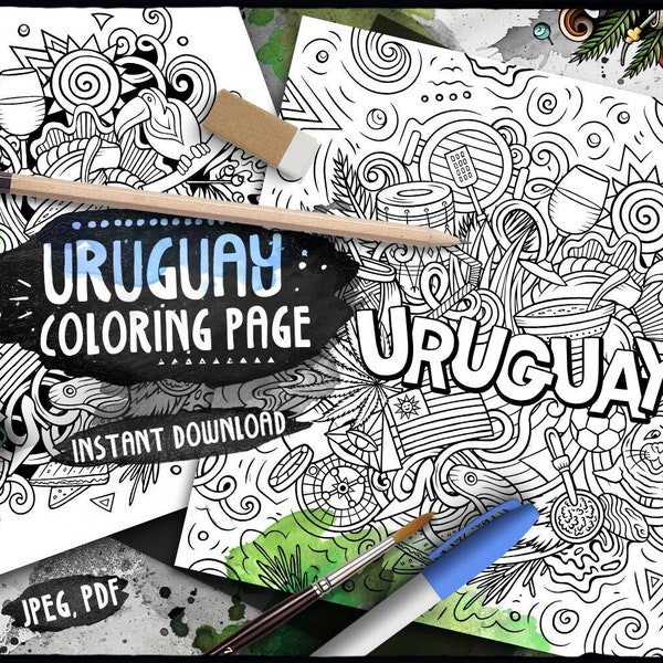 URUGUAY Digital Coloring Page/ Latino Adult Coloring/ Latin American Country Doodle Illustration/ Uruguayan Printable Coloring Sheet/ PDF