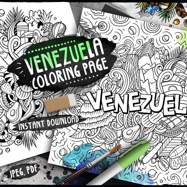 VENEZUELA Digital Coloring Page/ Latino Adult Coloring/ Latin American Country Doodle Illustration/ Venezuelan Printable Coloring Sheet