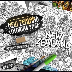 New Zealand Digital Coloring Page/ Aotearoa Culture Adult Coloring/ Oceania Country Doodle Illustration/ Printable Sheet/ PDF/ JPEG