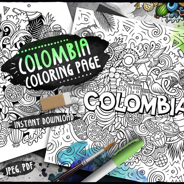 COLOMBIA Digital Coloring Page/ Latino Adult Coloring/ Latin American Country Doodle Illustration/ Colombian Printable Coloring Sheet/ PDF