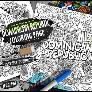 Dominikańska Republika Kolorowanka Cyfrowa/ Podróże Kolorowanki Dla Dorosłych/ Karaibskie Rysunki Krajowe Ilustracja/ Sztuka Wydrukowana Kolorowanka Arkusz/ PDF