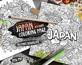 Può includere: Una pagina da colorare in bianco e nero con scarabocchi giapponesi. La pagina include immagini di una pagoda, un ventaglio, un pesce e altri simboli giapponesi. Il testo "JAPAN DOODLES COLORING PAGE" è scritto in uno striscione nero nella parte superiore della pagina. Il testo "INSTANT DOWNLOAD" è scritto in uno striscione nero nella parte inferiore della pagina. Il testo "JPEG, PDF" è scritto in uno striscione nero nella parte inferiore della pagina.