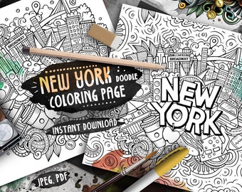 New York Digital Coloring Page/ NY City Doodle Illustration/ American Adult Coloring/ Around the World Doodles/ NYC Printable Coloring Sheet