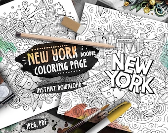 New York Digital Coloring Page/ NY City Doodle Illustration/ American Adult Coloring/ Around the World Doodles/ NYC Printable Coloring Sheet