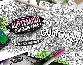 GUATEMALA Digitale Malseite / Maya Kultur Reisen Erwachsene Färbung / Karibik Land Doodles Illustration / Malvorlage zum Ausdrucken / PDF