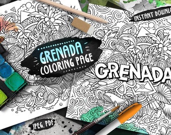 GRENADA Digital Coloring Page/ Grenadian Cartoon Doodle Adult Funny Coloring Sheets/ Caribbean Island Country/ Printable/ Instant Download