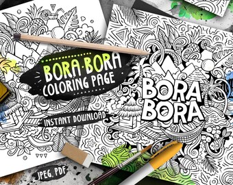 BORA-BORA Digital Coloring Page/ Tropical Doodle Illustration/ Exotic Island Adult Coloring/ Around the World Doodles/ PDF Printable Sheets