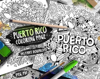 PUERTO RICO Digitale Malseite, puertor-ricanische Cartoon-Doodles, lustige Malvorlagen, karibische Insel zum ausdrucken, sofortiger Download